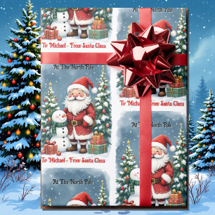 Santa & Snowman Personalize Name Kid's Christmas Wrapping Paper