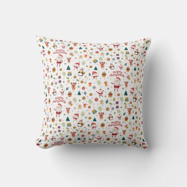 Santa, Snowman, Reindeer, Pattern Merry Christmas Cushion (Front)