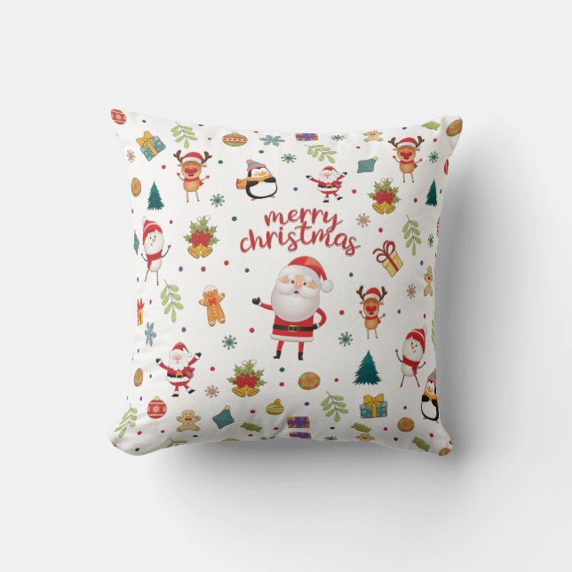 Santa, Snowman, Reindeer Pattern Merry Christmas  Cushion (Front)