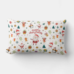 Santa, Snowman, Reindeer Pattern Merry Christmas.  Lumbar Cushion