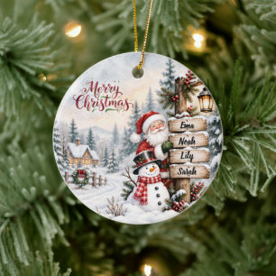 Santa & Snowman Signpost Family Photo Christmas Ceramic Tree Decoration
