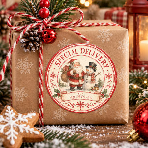 Santa Snowman Special Delivery Custom Name Classic Round Sticker