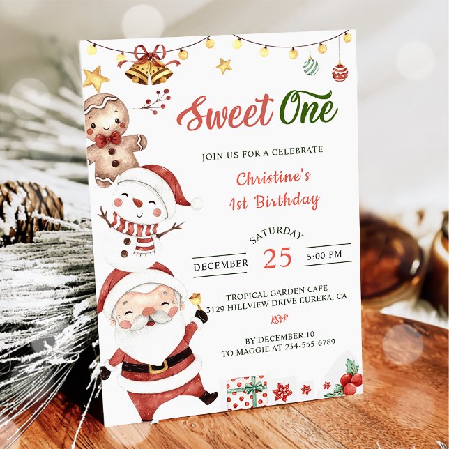 Santa Snowman Sweet One Christmas Birthday Party Invitation (Creator Uploaded)