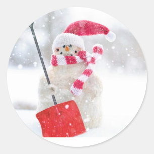 Santa Snowman with Red Shovel Classic Round Sticker