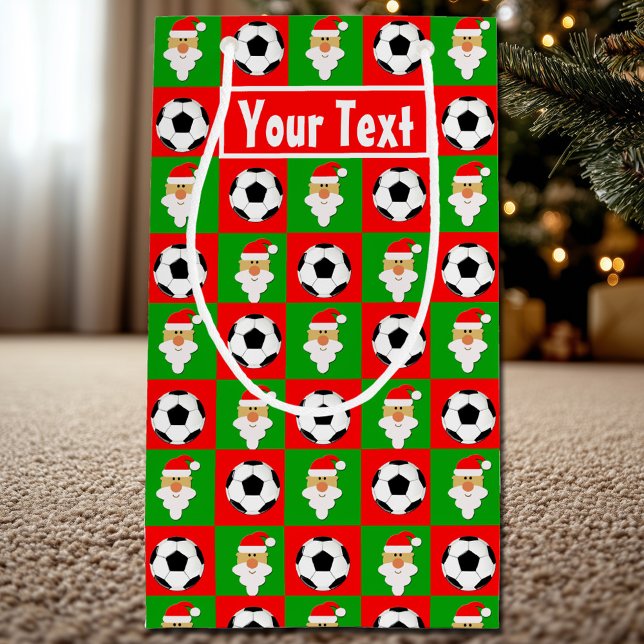 Santa Soccer Player Custom Name / Text Christmas Small Gift Bag (Soccer Christmas gift bag with custom soccer player name or text.)