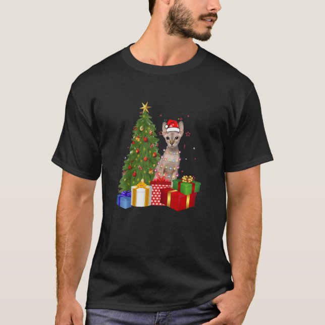 Santa Sphynx Cat Christmas Tree Light Xmas Cat Cla T-Shirt (Front)