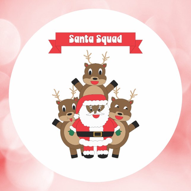 Santa Squad Christmas Reindeer Black Santa Claus Classic Round Sticker (A sticker featuring a black Santa and reindeer with a banner that reads Santa Squad.)