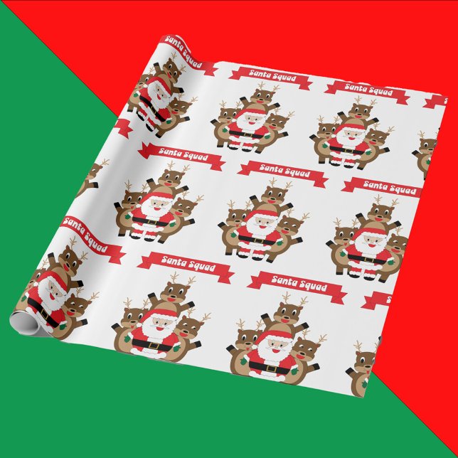 Santa Squad Christmas Reindeer Funny Wrapping Paper (Wrapping paper with a funny pattern of Santa & reindeer with a banner that says Santa Squad.)
