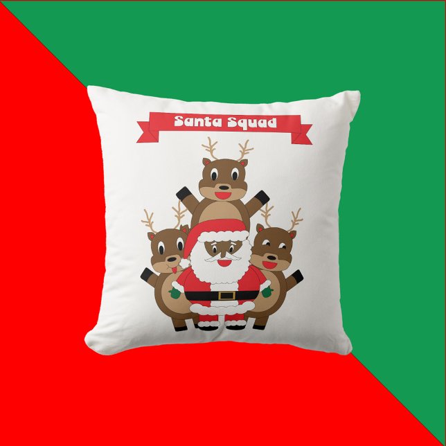 Santa Squad Funny Reindeer Black Santa Claus Cushion (A throw pillow with a black Santa and his reindeer along with a banner that reads Santa Squad.)