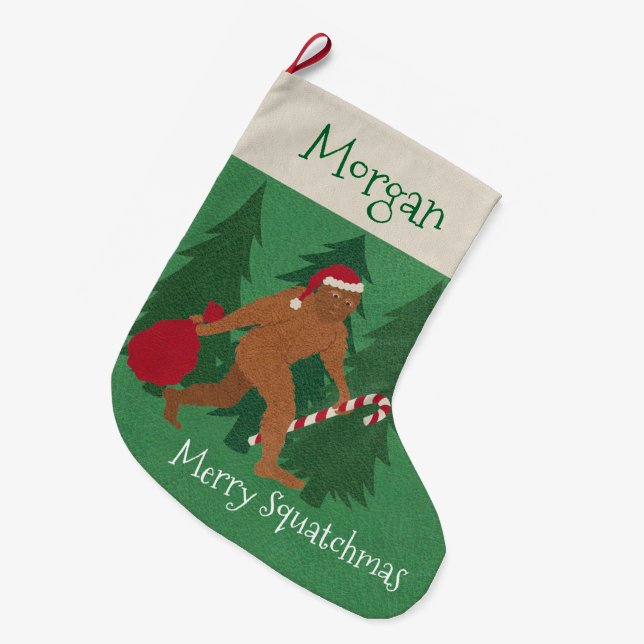 Santa Squatch Christmas For Kids Add Your Name Large Christmas Stocking (Front (Hanging))