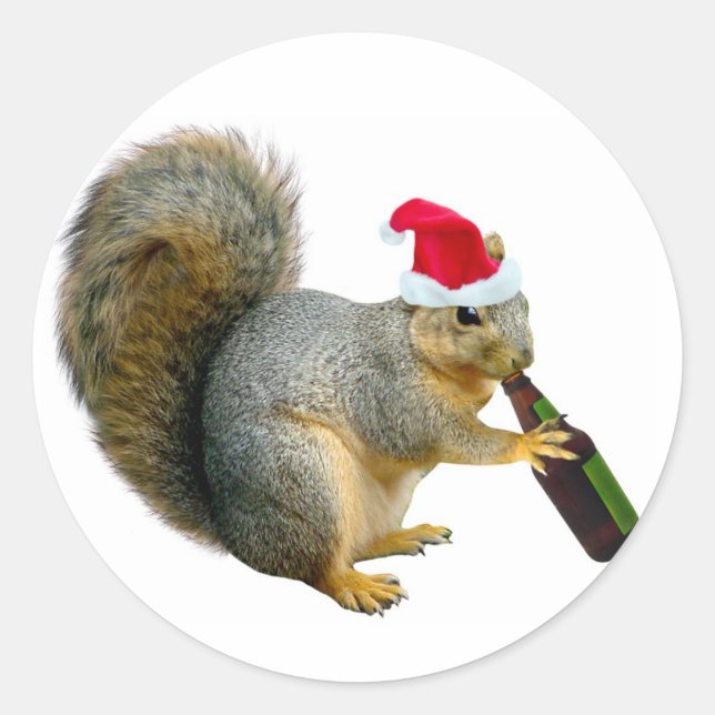 Santa Squirrel Drinking Beer Classic Round Sticker (Front)