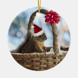 Santa Squirrel in Snow Ceramic Tree Decoration