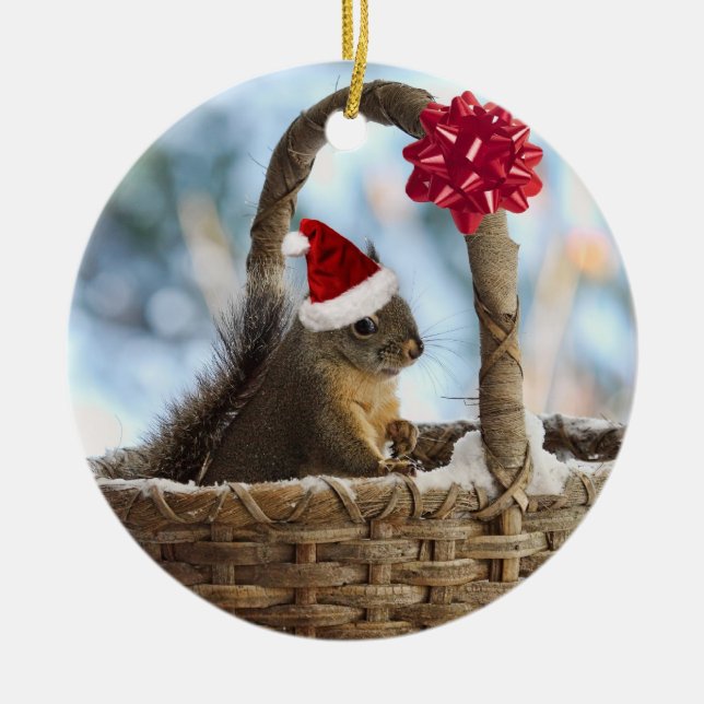 Santa Squirrel in Snow Ceramic Tree Decoration (Front)