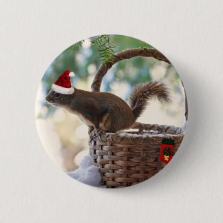 Santa Squirrel in Snowy Christmas Basket 6 Cm Round Badge