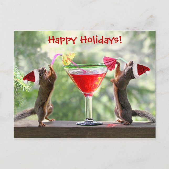 Santa Squirrels Drinking a Cocktail Holiday Postcard (Front)