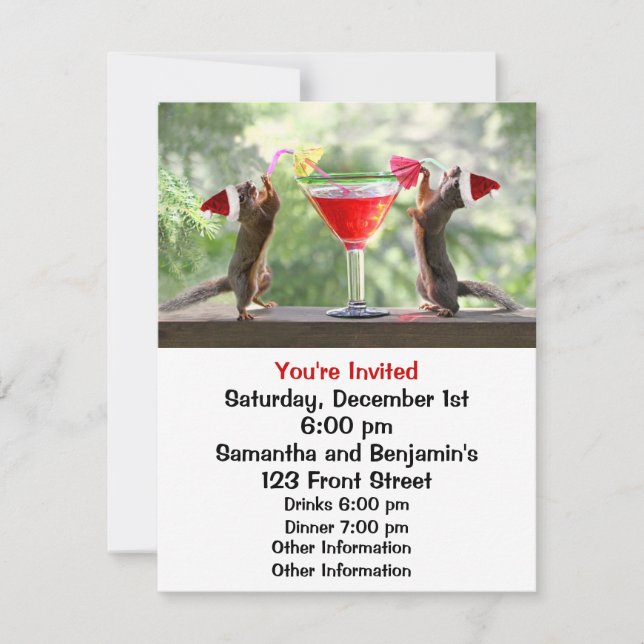 Santa Squirrels Drinking a Cocktail Invitation (Front)