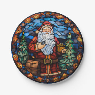 Santa Stained Glass Style Christmas Paper Plates