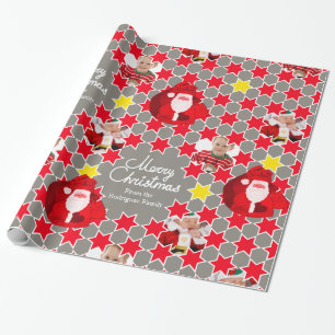 Santa Star pattern red grey Christmas family photo Wrapping Paper