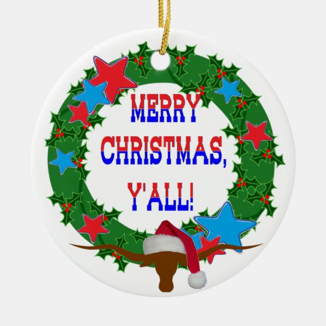 Santa Steer - Merry Christmas Y'all Ceramic Tree Decoration (Front)