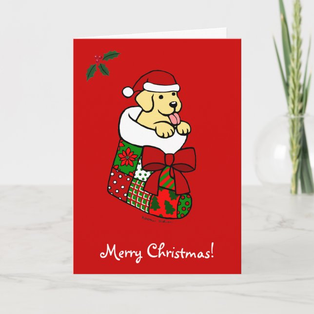 Santa Stocking Yellow Lab Puppy Cartoon Holiday Card (Front)