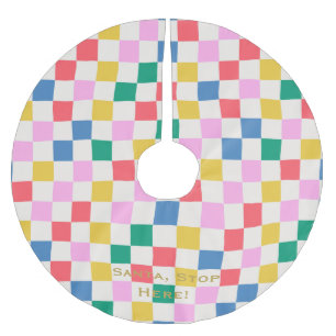 Santa, Stop Here! Colorful checker personalized Brushed Polyester Tree Skirt