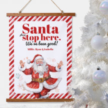 Santa Stop Here Modern Red White Stripe Christmas