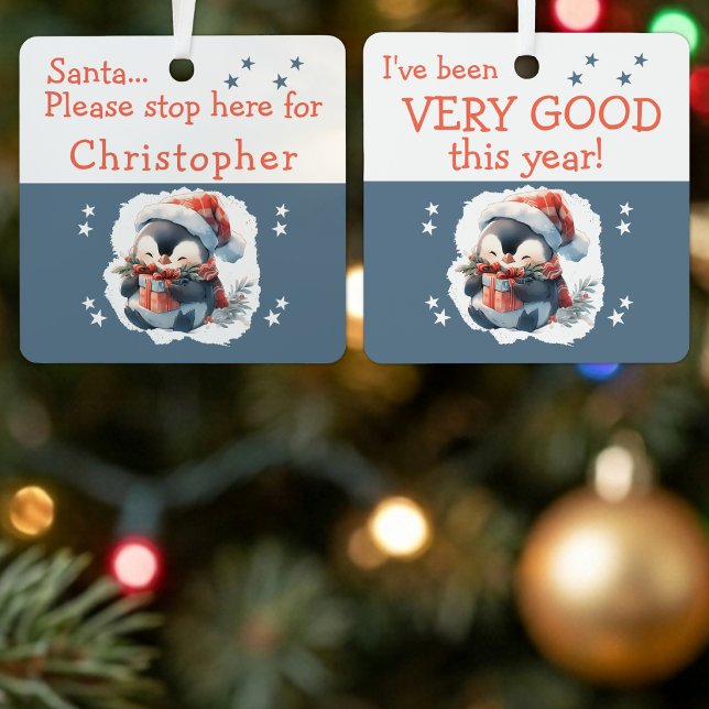 Santa stop here name cute penguin grey metal tree decoration (Creator Uploaded)