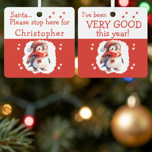 Santa stop here name cute penguin red metal tree decoration
