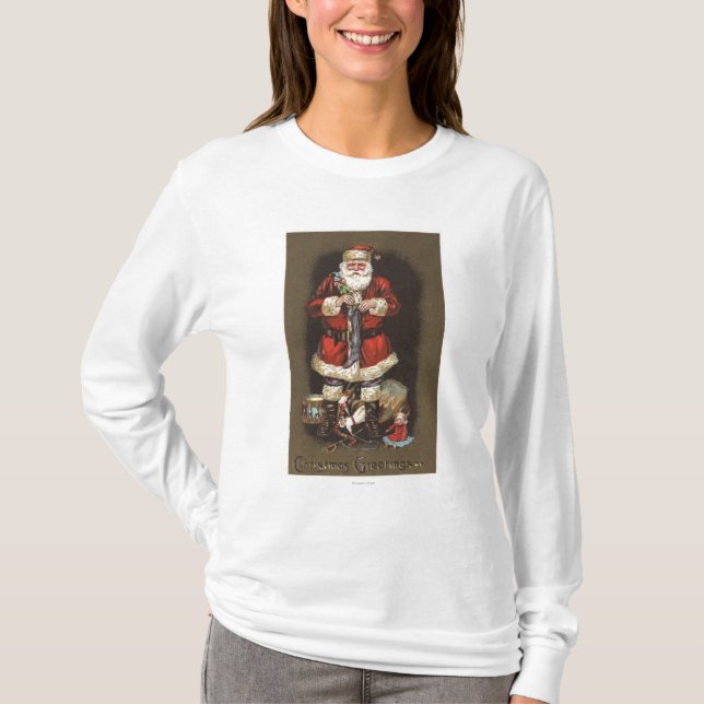 Santa Stuffing Stocking with Nutcracker T-Shirt (Front)
