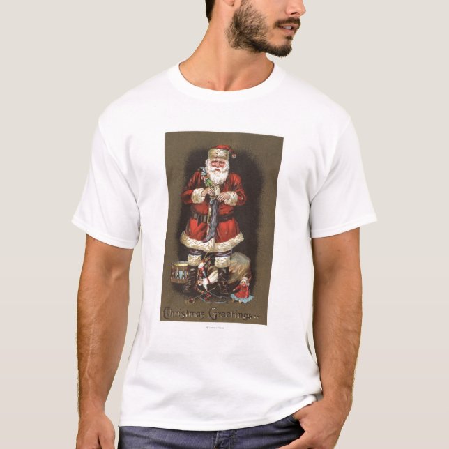 Santa Stuffing Stocking with Nutcracker T-Shirt (Front)