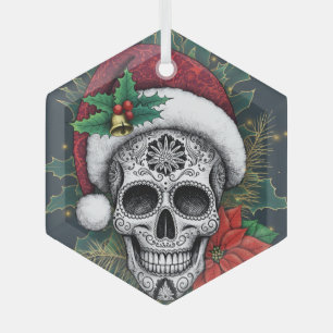 Santa Sugar Skull Glass Tree Decoration