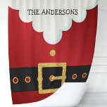 Santa Suit Christmas Monogram Shower Curtain<br><div class="desc">Celebrate the festive season with this playful Santa suit shower curtain, featuring a customisable family name monogram. The design mimics Santa's classic suit, complete with a glittery belt buckle and white fur trim, adding a whimsical and joyful touch to your bathroom decor. Made from high-quality fabric, this curtain ensures durability...</div>