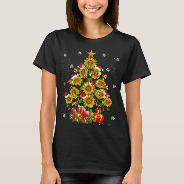 Santa Sunflower Christmas Tree Xmas Lights Santa S T-Shirt (Front)