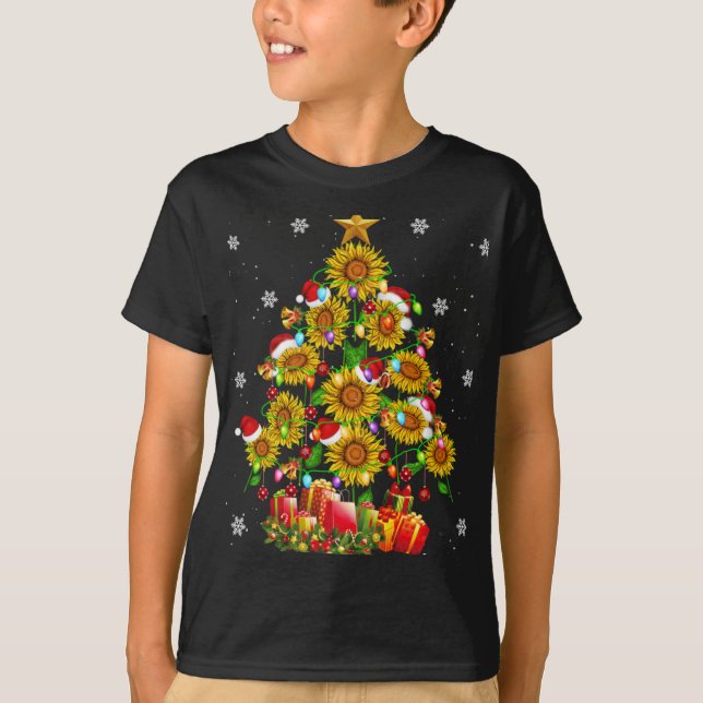 Santa Sunflower Christmas Tree Xmas Lights Santa S T-Shirt (Front)
