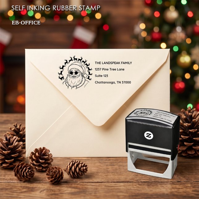 Santa Sunglasses Reindeer Christmas Return Address Self-inking Stamp (Self-inking Santa Sunglasses Stamp with return address (2.9”x1.4”). Choose your ink color.)