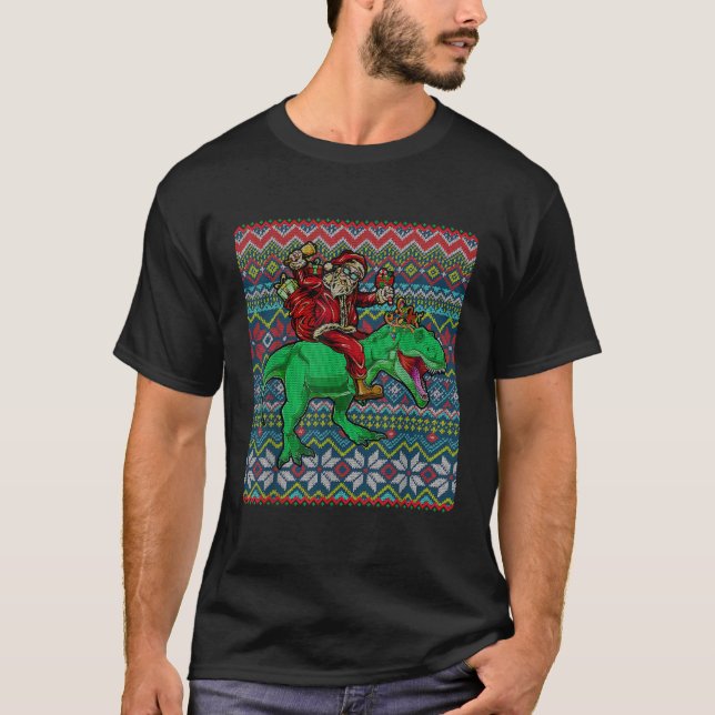 Santa Sunglasses Riding Reindeer T Rex Xmas Costum T-Shirt (Front)