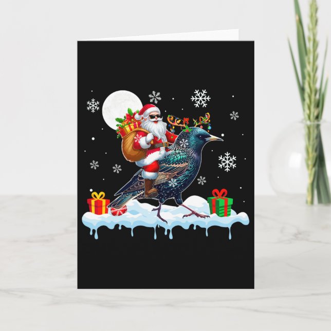 Santa Sungles Riding Reindeer Starling Bird Enthus Card (Front)