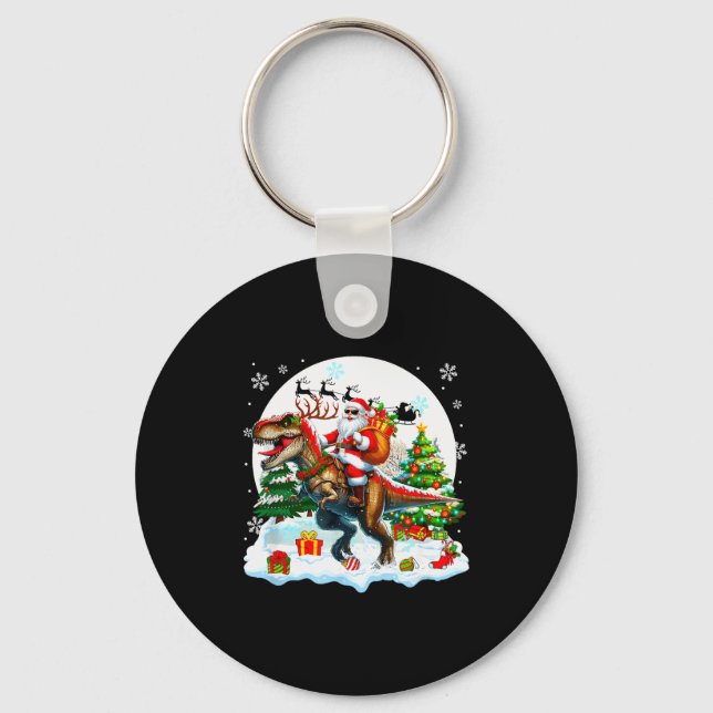 Santa Sungles Riding T-rex Reindeer Christmas Snow Key Ring (Front)