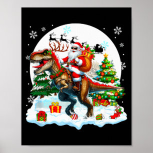 Santa Sungles Riding T-rex Reindeer Christmas Snow Poster