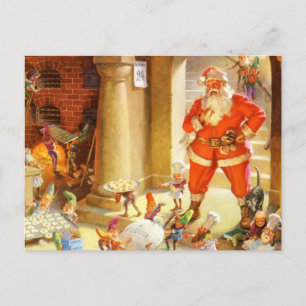 Santa Supervises Elves Baking Christmas Cookies Holiday Postcard