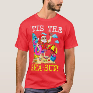 Santa Surf Flamingo Float Tis the SeaSun Christmas T-Shirt