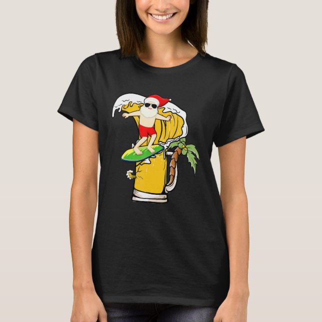 Santa Surfing Beer Glass Christmas In July T-Shirt (Front)