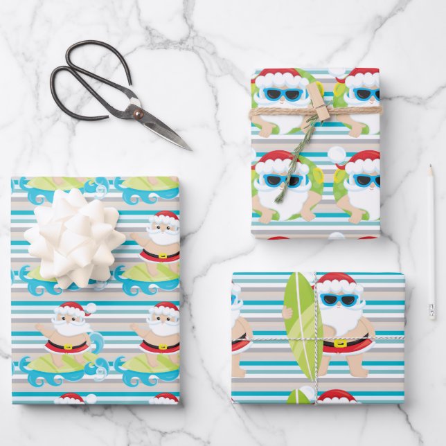 Santa surfing dude cool shades Christmas stripes  Wrapping Paper Sheet (Front)