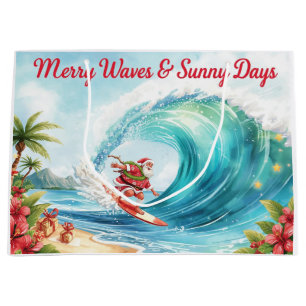 Santa Surfing on Big Wave on Christmas Holiday  Large Gift Bag