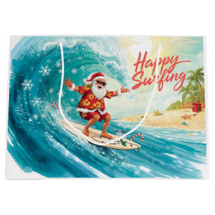 Santa Surfing on Big Wave on Christmas Holiday  Large Gift Bag