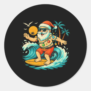 Santa Surfing Summer Beach Lights Christmas In Jul Classic Round Sticker