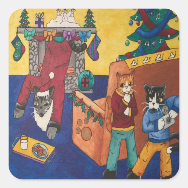 Santa Surprise Cats Rectangular Sticker (Front)