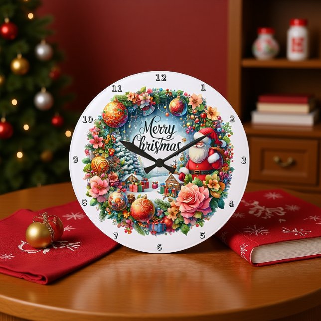 Santa Surrounded by a Floral Wreath Large Clock (Creator Uploaded)