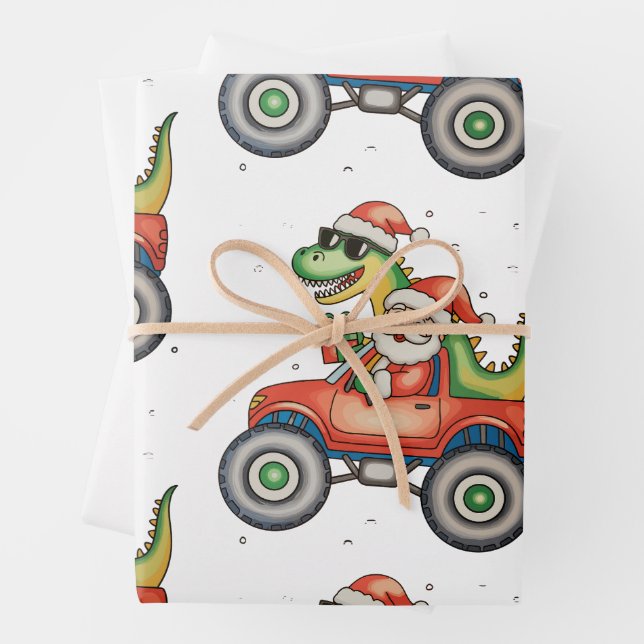 Santa T Rex Dinosaur Monster Truck Christmas Xmas Wrapping Paper Sheet (In situ)
