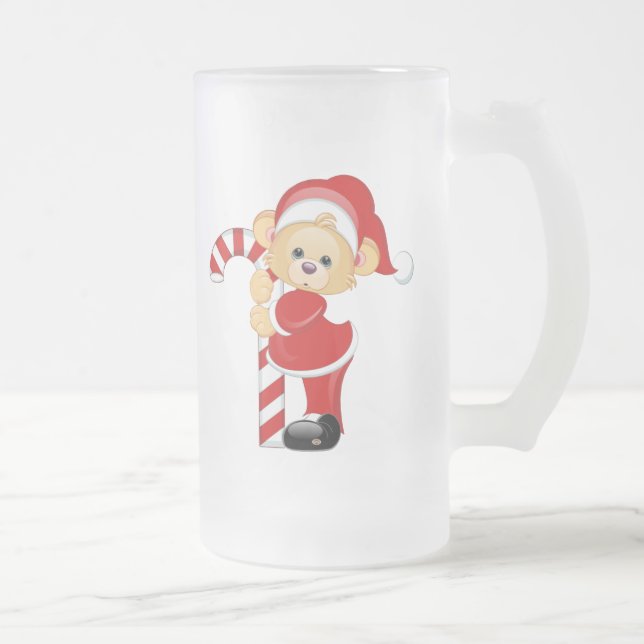 Santa Teddy Bear and Candycane Frosted Glass Beer Mug (Right)